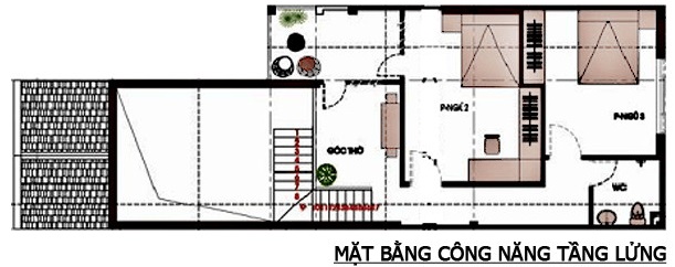 Mặt bằng bố tr&iacute; c&ocirc;ng năng tầng lửng nh&agrave; cấp 4
