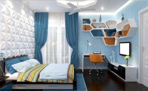 Với ph&ograve;ng ngủ con trai, bạn c&oacute; thể sử dụng bảng m&agrave;u trắng - xanh dương kết hợp h&agrave;i h&ograve;a. C&ugrave;ng với đ&oacute; l&agrave; hệ tủ kệ lưu trữ cực phong c&aacute;ch.