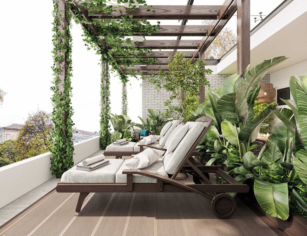 Hai chiếc ghế d&agrave;i ngo&agrave;i trời được đặt ở vị tr&iacute; đắc địa, nơi bạn c&oacute; thể thu trọn tầm nh&igrave;n phố phường xung quanh.