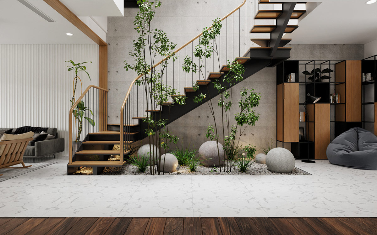 Thiết kế cầu thang ấn tượng kết hợp ăn &yacute; với tiểu cảnh, c&acirc;y xanh m&aacute;t mắt. Lan can v&agrave; bậc thang hở tạo độ th&ocirc;ng tho&aacute;ng cho ng&ocirc;i nh&agrave;.