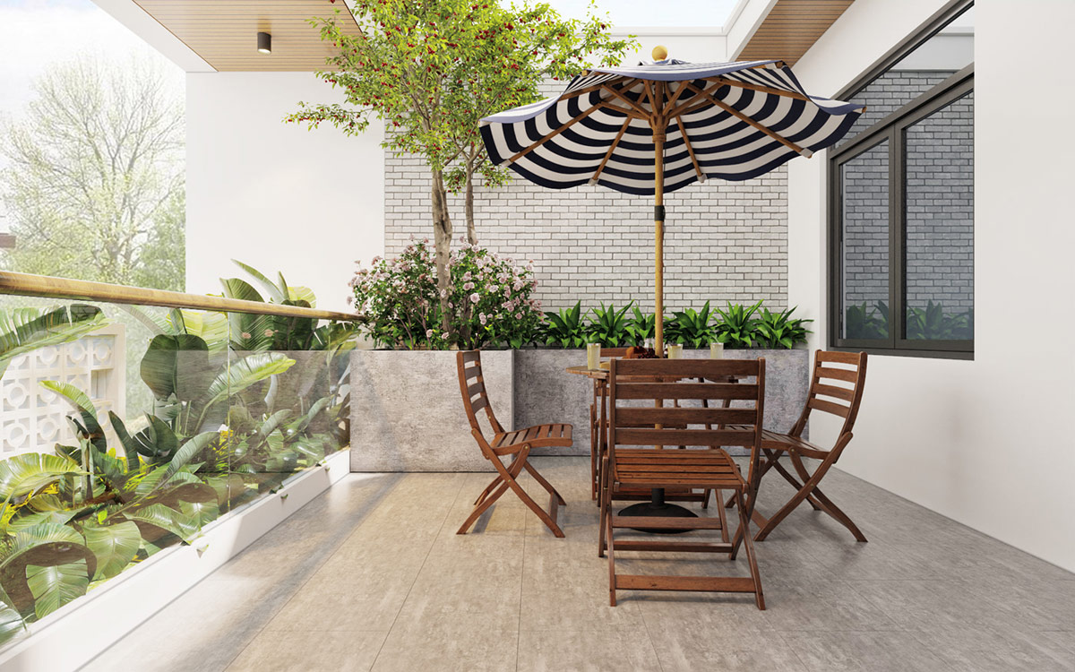 C&aacute;c chậu c&acirc;y lớn bao quanh ban c&ocirc;ng, nơi đặt b&agrave;n ăn ngo&agrave;i trời l&yacute; tưởng.