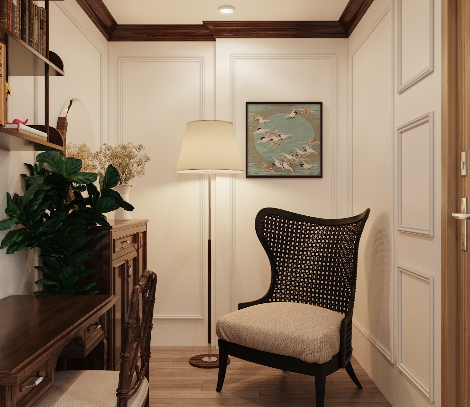 Các bức tường được sơn màu trắng tinh khôi nhằm tạo cảm giác rộng rãi một cách trực quan, đồng thời là phông nền lý tưởng cho nội thất gỗ thêm phần nổi bật, bắt mắt.