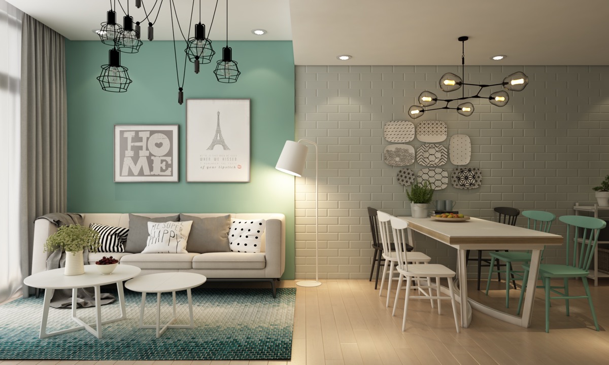 Th&ecirc;m một mẫu thiết kế ph&ograve;ng kh&aacute;ch đẹp, li&ecirc;n th&ocirc;ng với ph&ograve;ng ăn. M&agrave;u sơn tường, thảm trải v&agrave; vật dụng trang tr&iacute; gi&uacute;p định vị chức năng của từng kh&ocirc;ng gian.