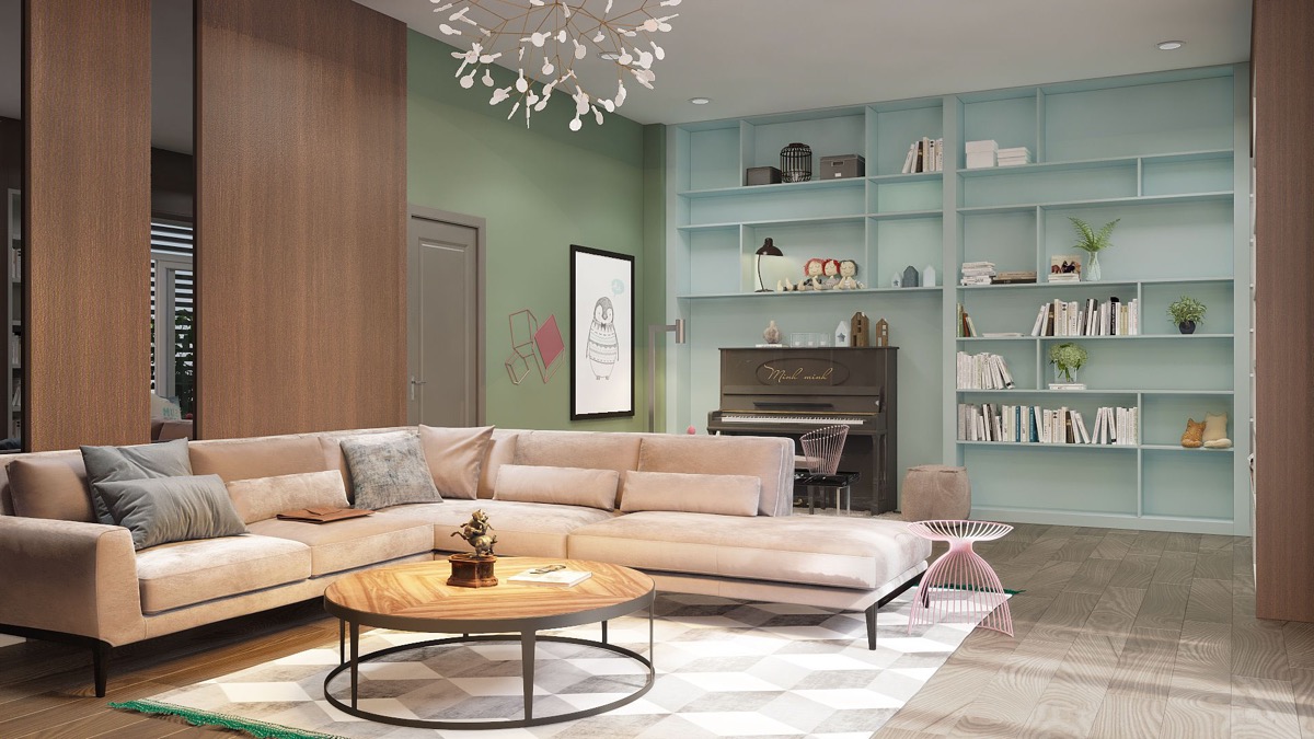 Sự kết hợp "si&ecirc;u ngọt ng&agrave;o" giữa t&ocirc;ng m&agrave;u hồng của ghế sofa v&agrave; sắc xanh dương của gi&aacute; kệ lưu trữ tạo vẻ quyến rũ cho kh&ocirc;ng gian tiếp kh&aacute;ch.
