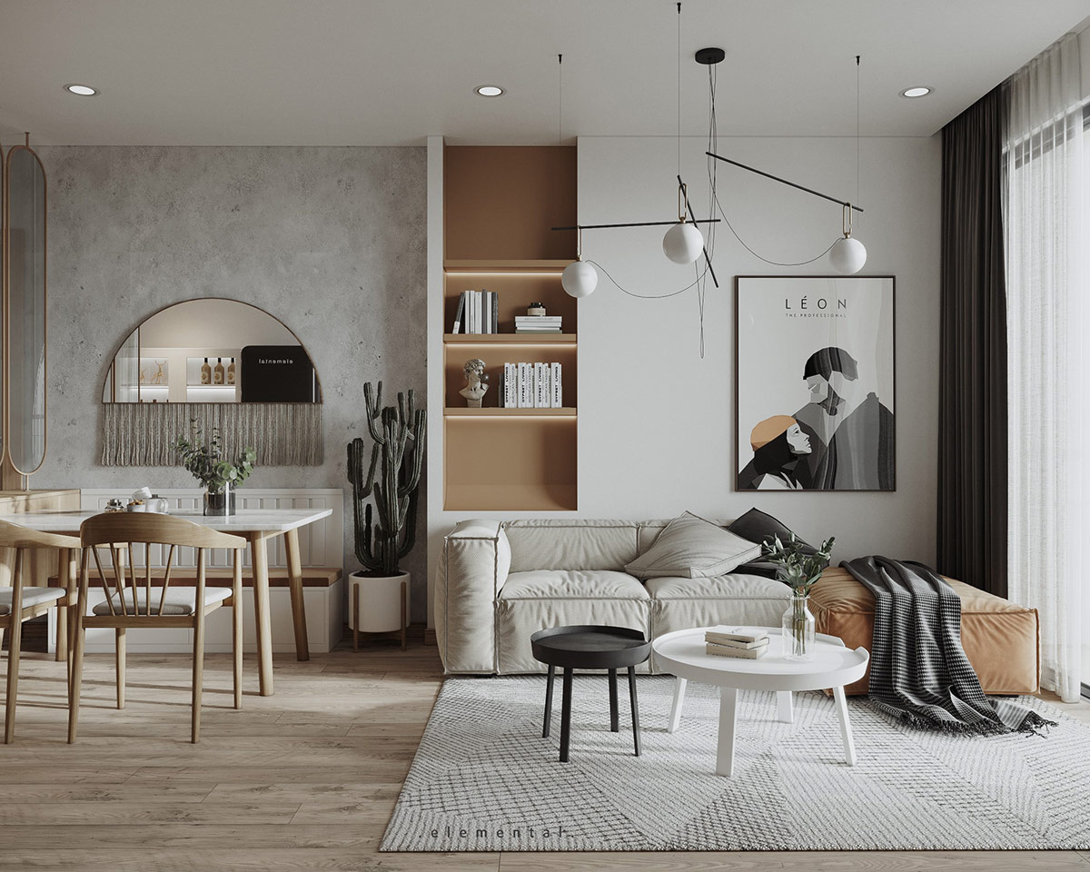 Mẫu ph&ograve;ng kh&aacute;ch nhỏ đẹp được thiết kế liền kề với ph&ograve;ng ăn nhưng vẫn đảm bảo sự ph&acirc;n t&aacute;ch tinh tế, đẹp mắt. Kh&ocirc;ng gian như tho&aacute;ng rộng hơn so với thực tế nhờ sử dụng bảng m&agrave;u trắng, x&aacute;m nhẹ nh&agrave;ng v&agrave; &aacute;nh s&aacute;ng tự nhi&ecirc;n ngập tr&agrave;n.