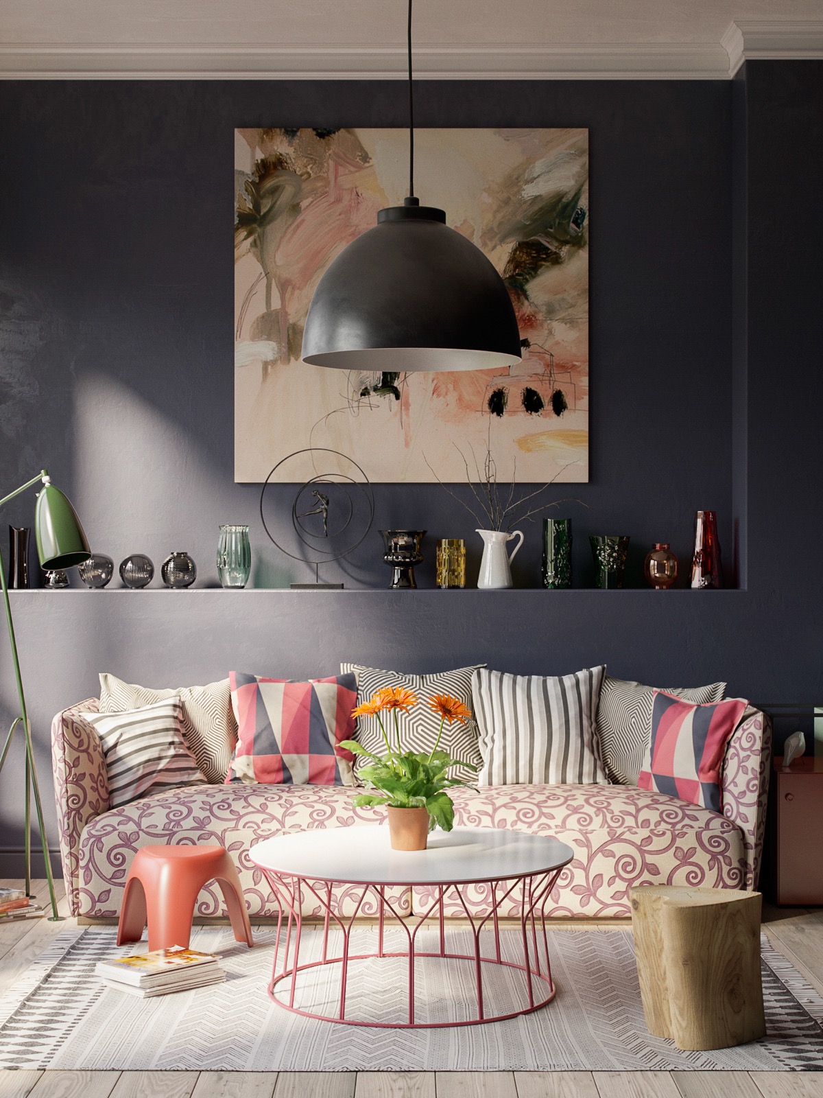 Ph&ograve;ng kh&aacute;ch chung cư đẹp với bảng m&agrave;u x&aacute;m l&agrave;m ph&ocirc;ng nền chủ đạo. Ghế sofa, b&agrave;n tr&agrave;, gối tựa, phụ kiện trang tr&iacute; rực rỡ sắc m&agrave;u tươi vui.