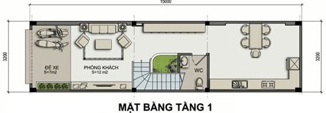 Mặt bằng tầng 1 nh&agrave; ống 3 tầng hiện đại