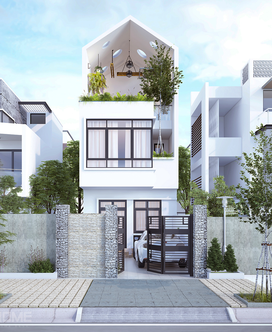 Phối cảnh 3D mẫu nh&agrave; ống 3 tầng phong c&aacute;ch hiện đại