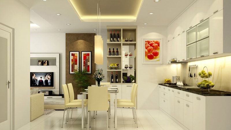 Bếp v&agrave; ph&ograve;ng ăn với đầy đủ tiện nghi, trang thiết bị hiện đại. Tranh tường sắc đỏ tinh tế tạo cảm gi&aacute;c ngon miệng hơn mỗi khi d&ugrave;ng bữa.