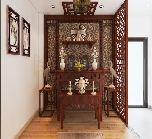 Mẫu thiết kế ph&ograve;ng thờ đơn giản, đảm bảo t&iacute;nh t&ocirc;n nghi&ecirc;m thiết yếu.