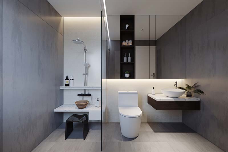 Trong nh&agrave; ống 3 tầng, c&aacute;c ph&ograve;ng vệ sinh đều được trang bị đầy đủ tiện &iacute;ch hiện đại, ph&acirc;n t&aacute;ch r&otilde; giữa hai khu kh&ocirc; - ướt.