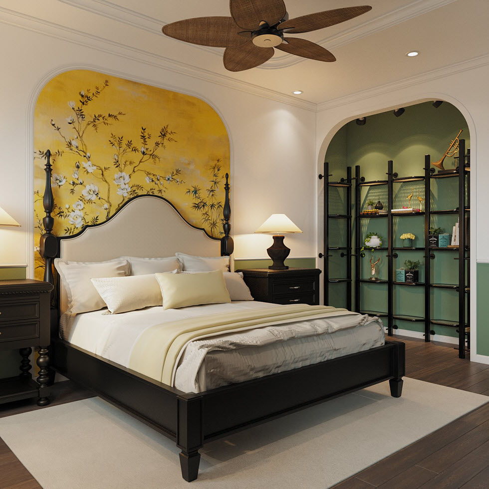Ph&ograve;ng ngủ master đậm chất Indochine với nội thất gỗ tối m&agrave;u, lối b&agrave;i tr&iacute; đối xứng, ph&ocirc;ng nền m&agrave;u v&agrave;ng, họa tiết tinh tế đầu giường.