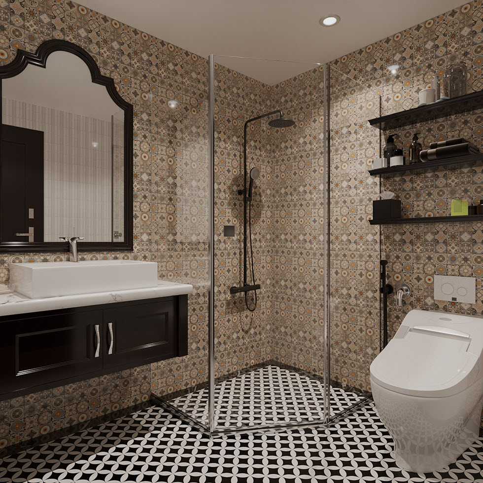 Phòng tắm vòi sen được phân tách với các khu chức năng khác bởi vách kính cường lực trong suốt, như "tàng hình" hòa lẫn vào không gian phòng.