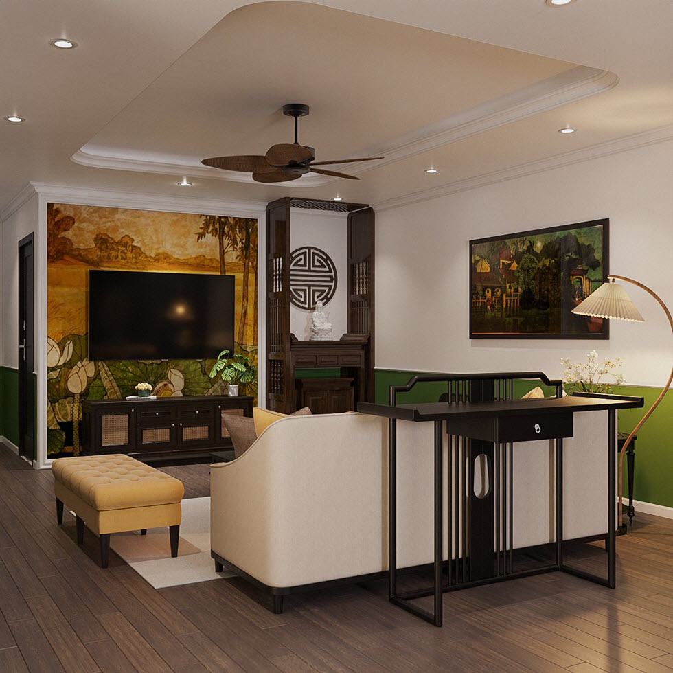 Phòng khách Indochine với những điểm nhấn màu xanh lá cây