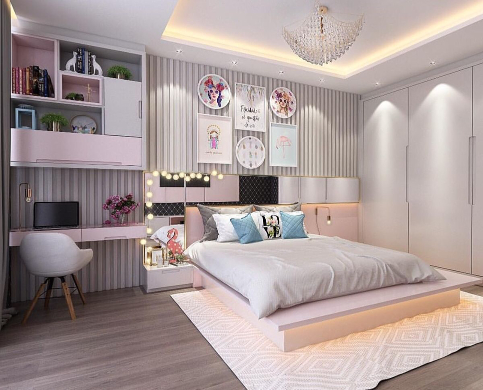 Phòng ngủ dành cho con gái. Nếu con gái chuộng bảng màu hồng, tím nhẹ nhàng, bạn có thể tham khảo mẫu thiết kế phòng ngủ sang chảnh này.