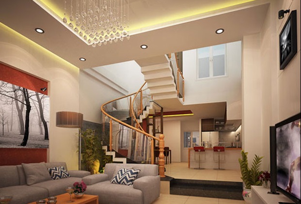 Thiết kế sàn giật cấp tinh tế giúp phân tách không gian tiếp khách bên ngoài với khu vực bếp nấu, phòng ăn ở phía trong.