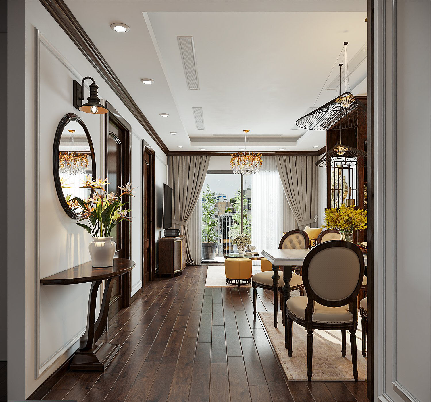 Đối diện với bàn ăn là bàn phụ trang trí, nơi đặt bình hoa tươi tắn và khung gương tròn gắn tường phản chiếu ánh sáng.