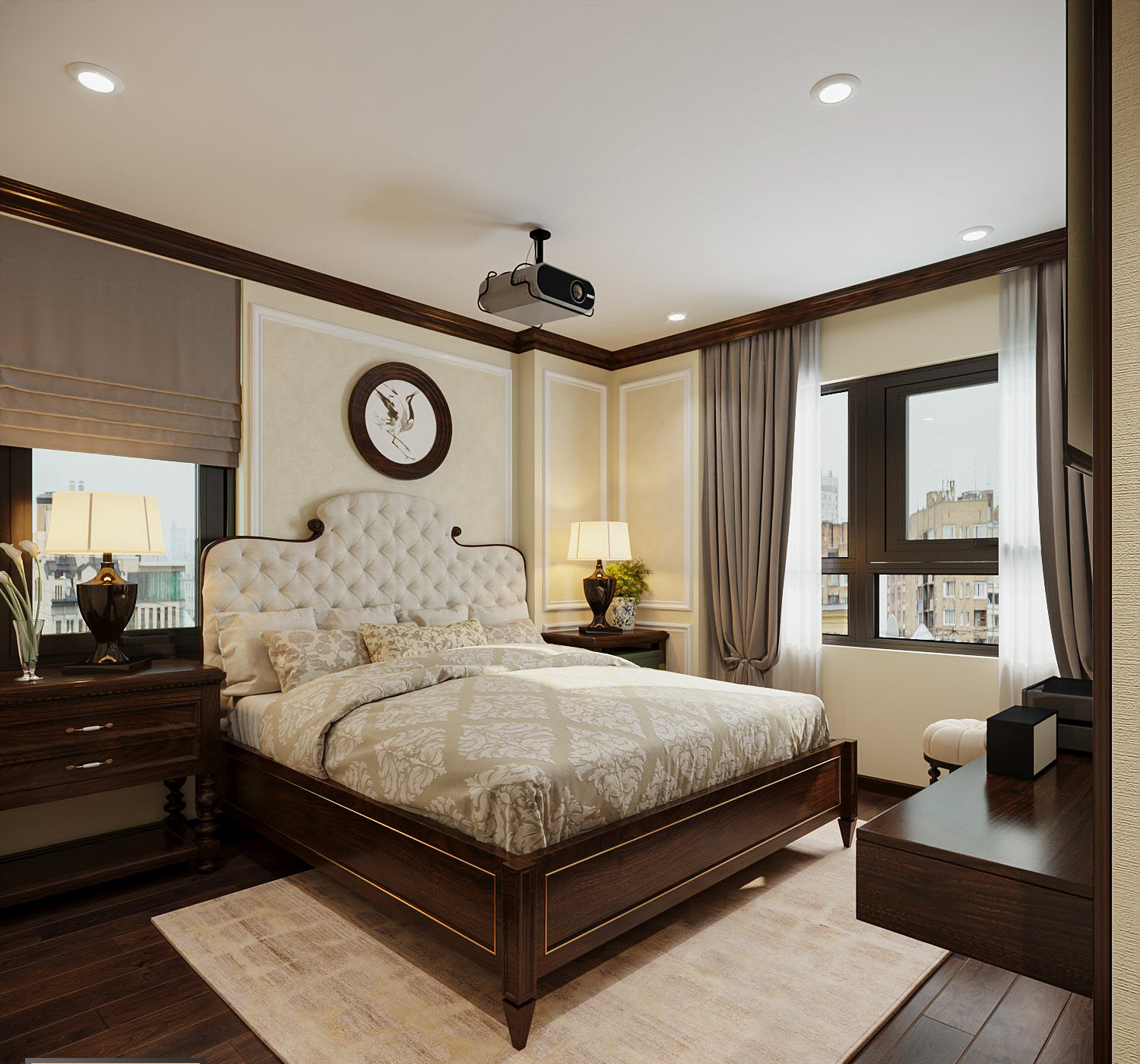 Tranh tường đầu giường kết hợp cùng nệm bọc tạo điểm nhấn hút mắt.