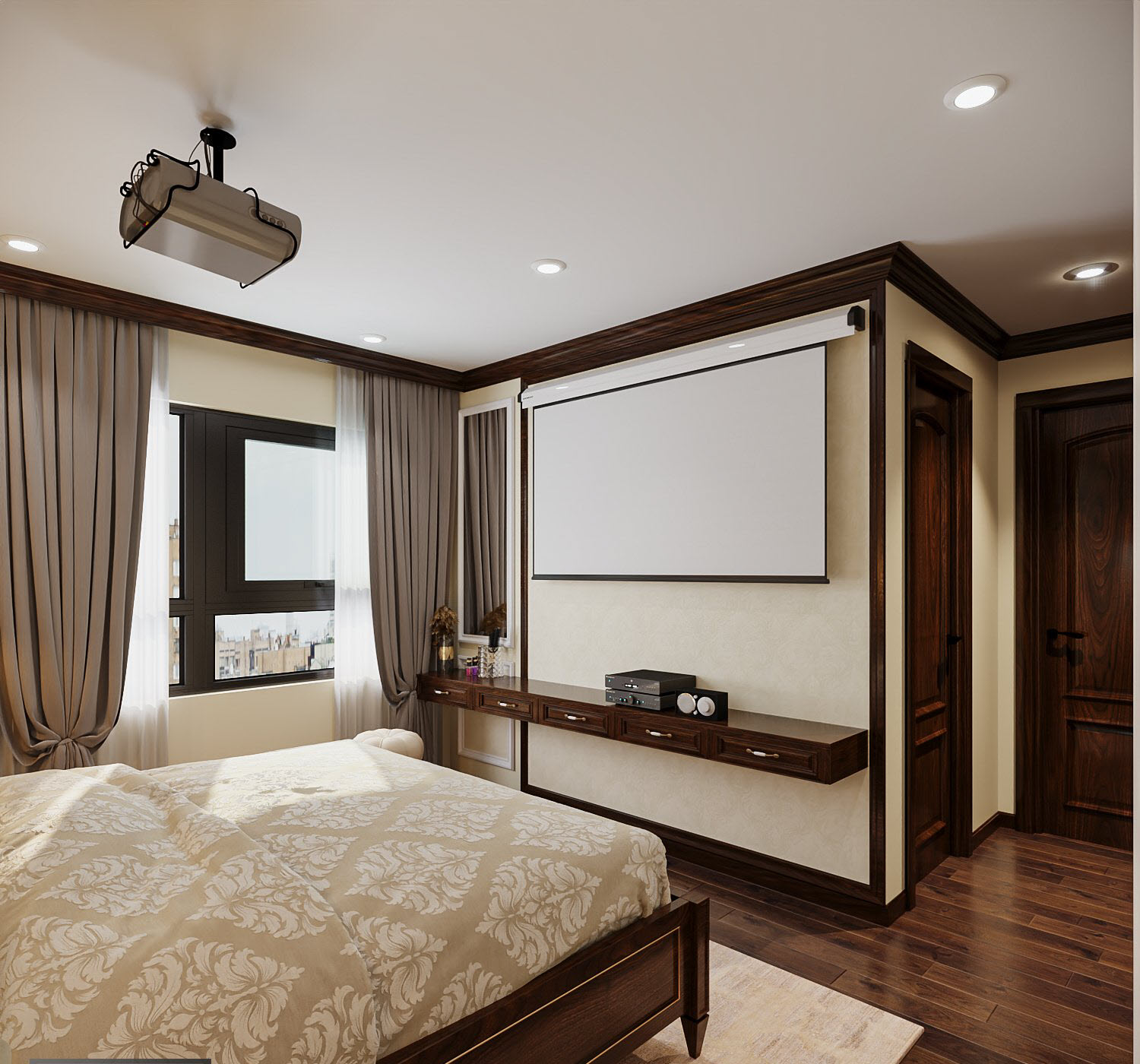 Thay vì tivi treo tường như thông thường, gia chủ chọn màn hình máy chiếu phục vụ nhu cầu giải trí, thư giãn. Căn phòng vì thế càng trở nên thoáng gọn hơn.
