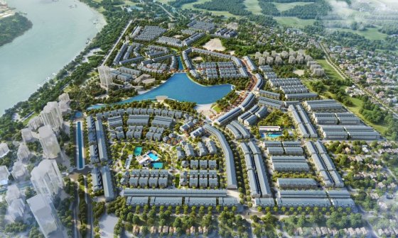 phối cảnh tổng thể một khu đô thị ven sông nhìn từ trên cao