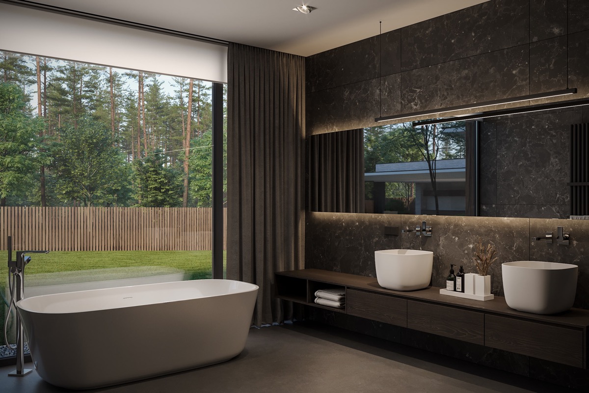 Ph&ograve;ng tắm với cửa k&iacute;nh trong suốt kết hợp r&egrave;m che, hướng ra s&acirc;n vườn b&ecirc;n ngo&agrave;i đang l&agrave; xu hướng thịnh h&agrave;nh hiện nay. Bạn c&oacute; thể thử nếu y&ecirc;u th&iacute;ch.