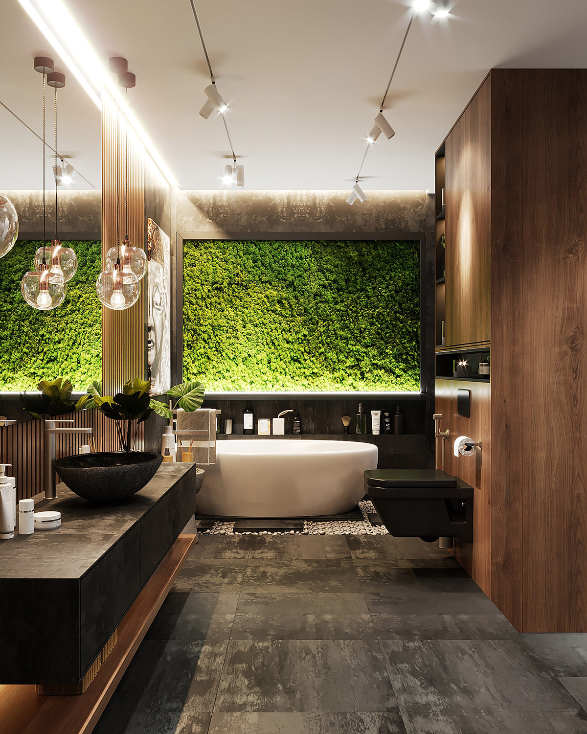 &Aacute;nh s&aacute;ng ti&ecirc;u điểm tạo hiệu ứng thị gi&aacute;c cực ấn tượng cho ph&ograve;ng tắm n&agrave;y. Trong khi đ&oacute;, gương lớn gắn tường gi&uacute;p nh&acirc;n đ&ocirc;i kh&ocirc;ng gian.