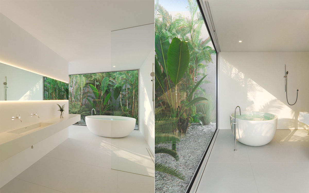 Nếu cạnh ph&ograve;ng tắm l&agrave; s&acirc;n vườn nhỏ xanh m&aacute;t như n&agrave;y, bạn n&ecirc;n l&agrave;m tường k&iacute;nh cao kịch trần để mở rộng tầm nh&igrave;n thay v&igrave; bức tường b&ecirc; t&ocirc;ng b&iacute; bức.