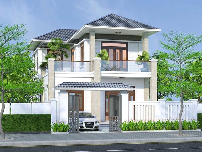 Phối cảnh 3D mẫu biệt thự 2 tầng 4 phòng ngủ phong cách hiện đại, sang trọng