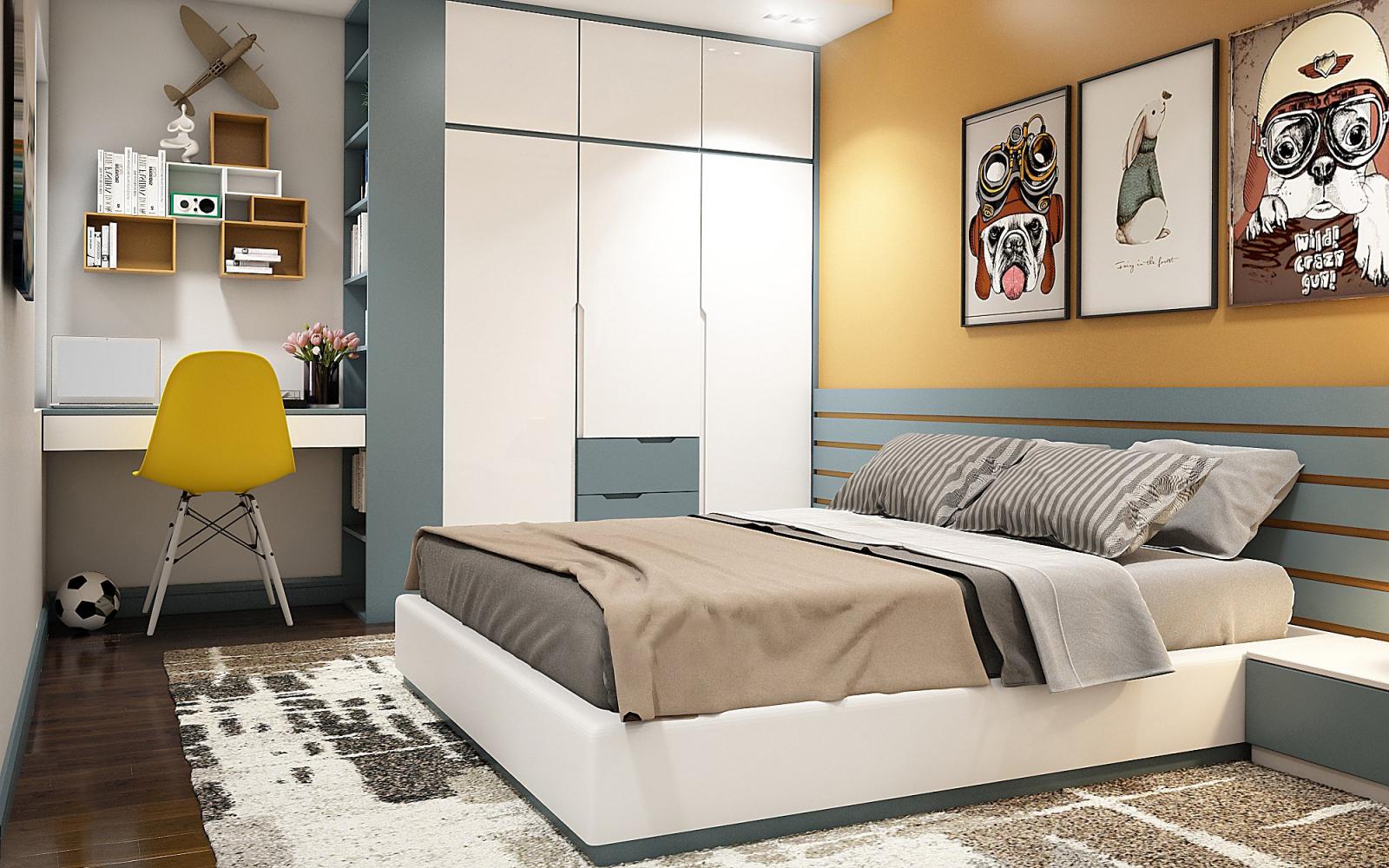 Thiết kế phòng ngủ cho con trai trẻ trung năng động, thể hiện được cá tính của chủ nhân căn phòng. Góc học tập nhỏ gọn được bố trí cạnh khung cửa sổ kính thoáng sáng.