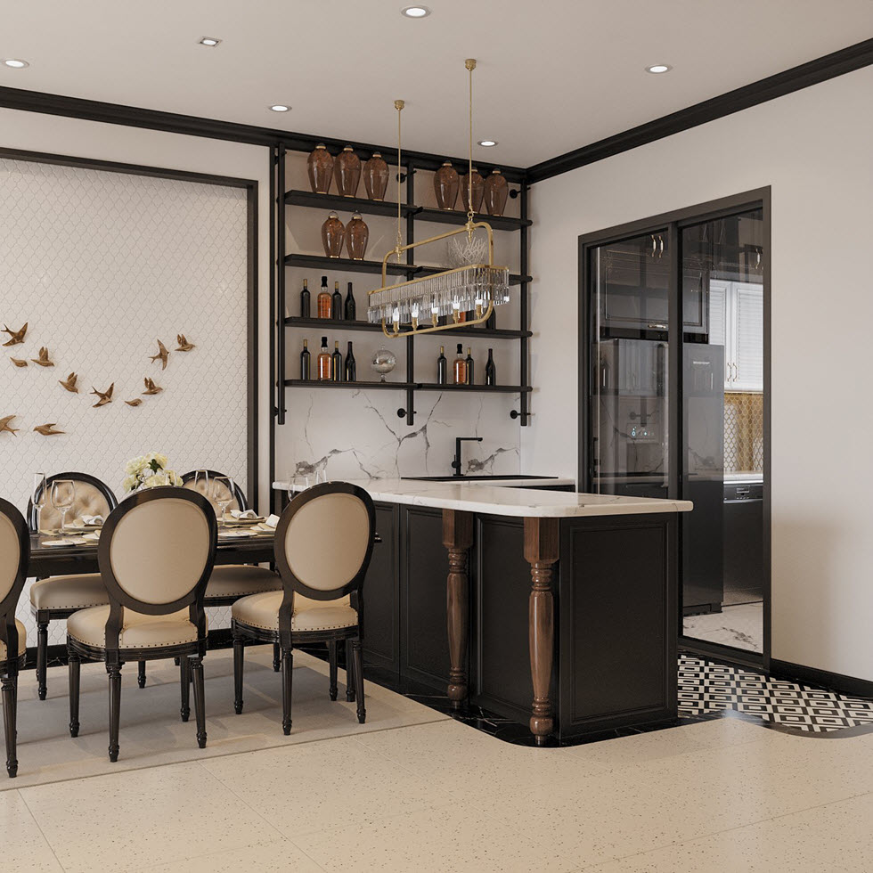 Các khu vực chức năng trong phòng bếp được thiết kế liền mạch, vừa đảm bảo lối lưu thông thoáng đãng, vừa giúp tăng tính kết nối giữa các thành viên gia đình.