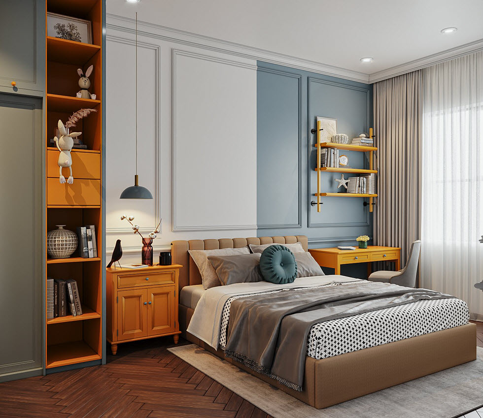 Ph&ograve;ng ngủ thứ hai được thiết kế với bảng m&agrave;u tươi s&aacute;ng, trẻ trung hơn. Tuy vậy, c&aacute;c đường n&eacute;t nội thất vẫn đậm chất Đ&ocirc;ng Dương truyền thống.