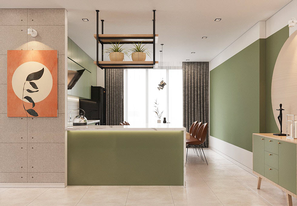 phòng bếp phong cách Color Block với điểm nhấn màu xanh als cây và vàng cam