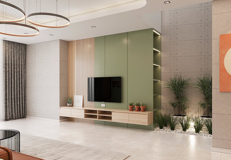 phòng khách với tiểu cảnh cây xanh cạnh kệ tivi