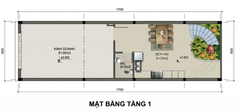 Mặt bằng chức năng tầng 1 nhà ống