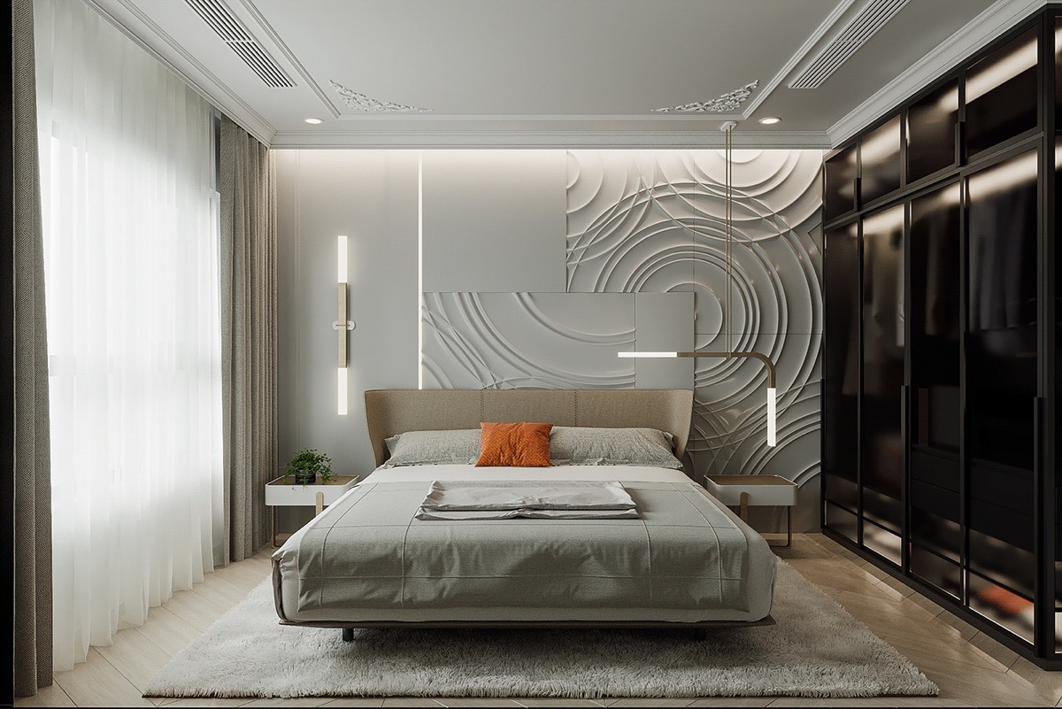 Phòng ngủ master sang trọng với đầu giường decor ấn tượng. Cửa sổ kính giúp căn phòng tận dụng được ánh sáng tự nhiên và sở hữu tầm nhìn đẹp.