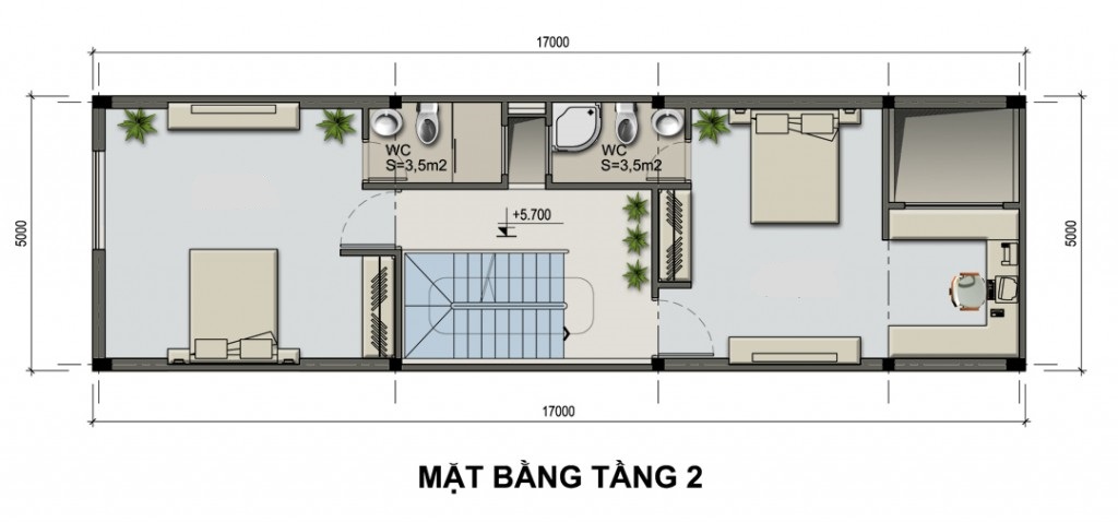Mặt bằng chức năng tầng 2 nhà ống