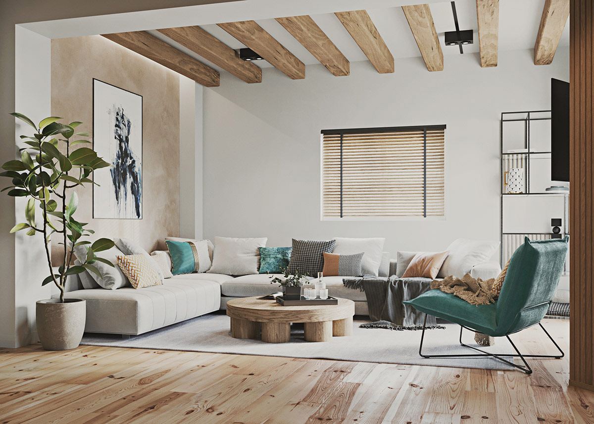 Ngôi nhà phong cách Scandi - Boho thứ hai gây ấn tượng với những điểm nhấn màu ngọc lam tươi sáng trên nền trung tính chủ đạo. Thảm trải sàn màu xám nhạt đơn giản tạo sự hài hòa với bộ ghế sofa.
