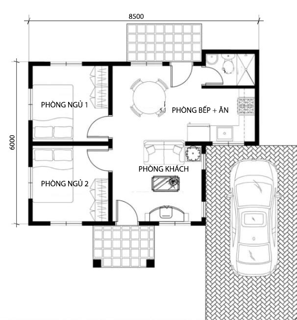Mặt bằng chức năng nhà cấp 4 mái bằng hiện đại