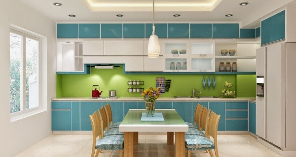 Không gian bếp nấu kết hợp phòng ăn tận dụng được tối đa ánh sáng tự nhiên. Tường chắn bếp sơn màu xanh lá cây nhẹ nhàng, tủ bếp màu xanh dương mát mẻ.
