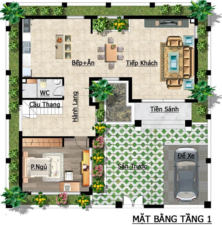 Mặt bằng c&ocirc;ng năng tầng 1 biệt thự