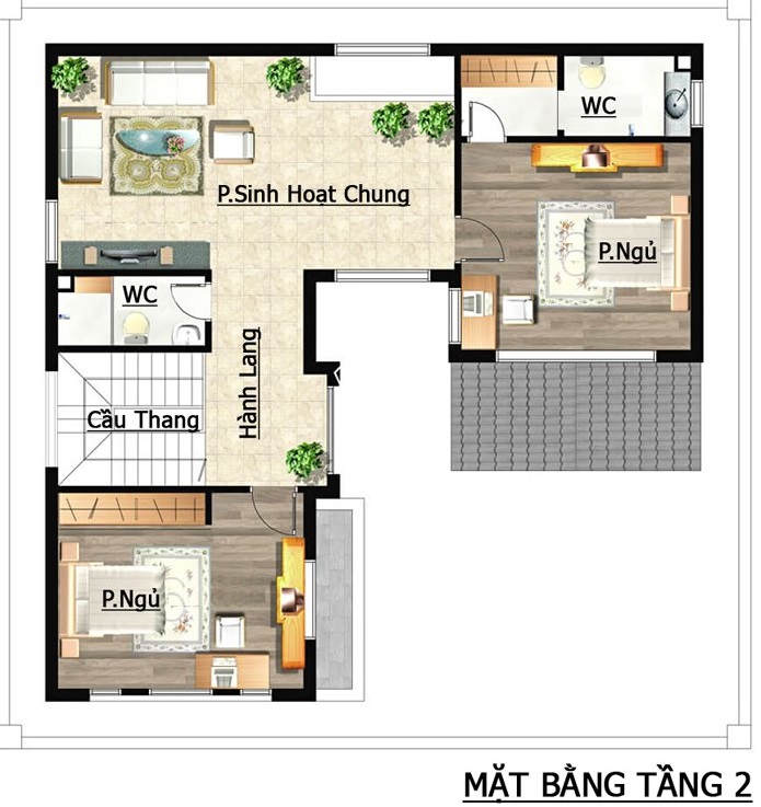 Mặt bằng c&ocirc;ng năng tầng 2 biệt thự