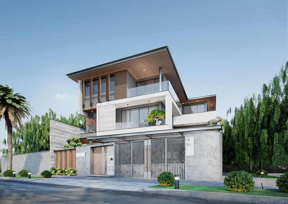 Phối cảnh 3D mẫu biệt thự 3 tầng phong c&aacute;ch hiện đại