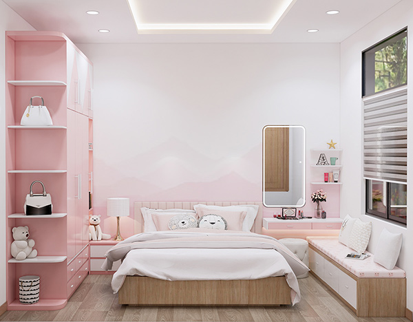Mẫu thiết kế ph&ograve;ng ngủ xinh tươi với t&ocirc;ng m&agrave;u hồng pastel nhẹ nh&agrave;ng, nữ t&iacute;nh d&agrave;nh cho c&ocirc; con g&aacute;i của gia chủ.