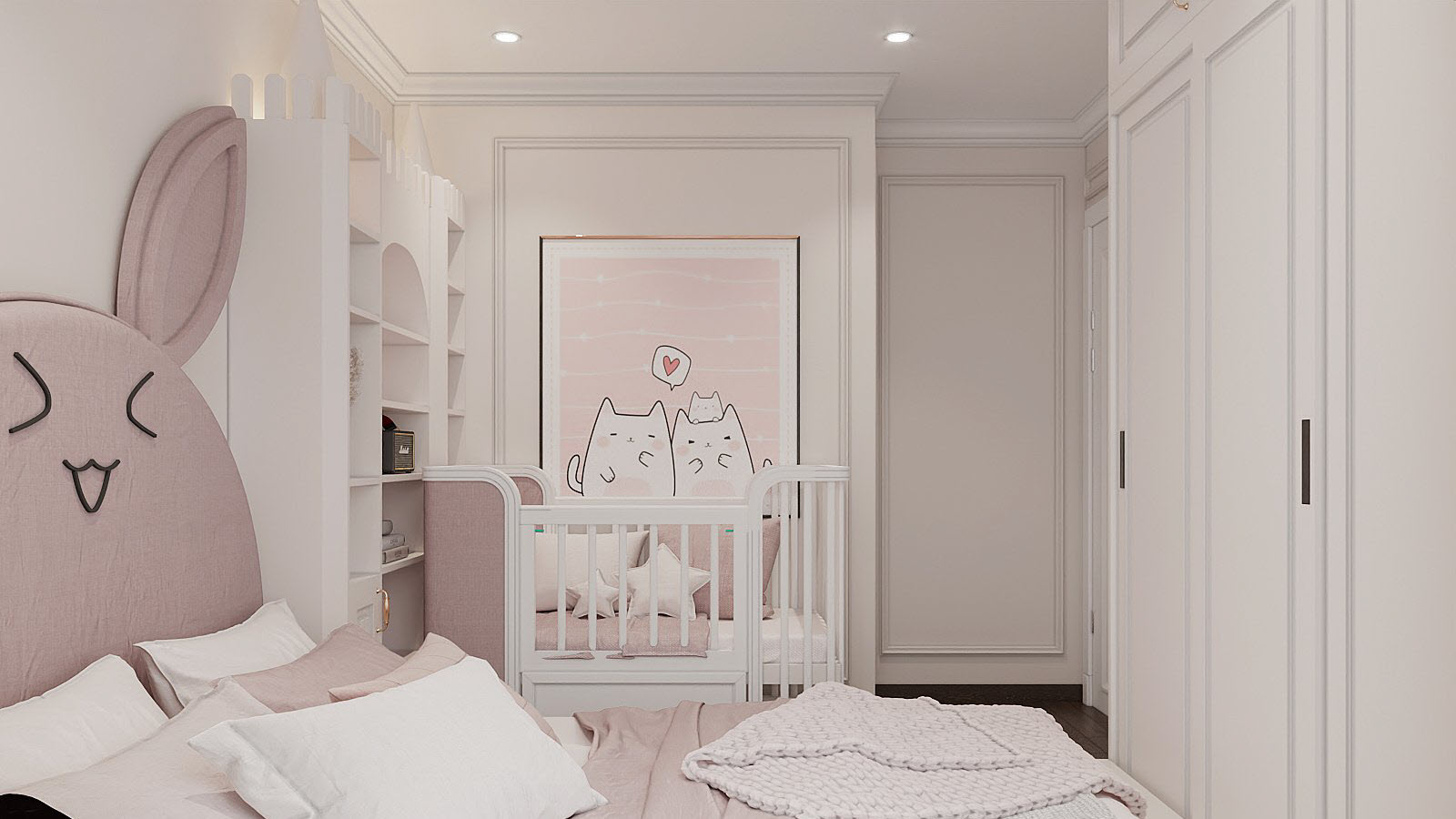 ph&ograve;ng ngủ cho b&eacute; với giường cũi, tranh tường h&igrave;nh m&egrave;o ngộ nghĩnh