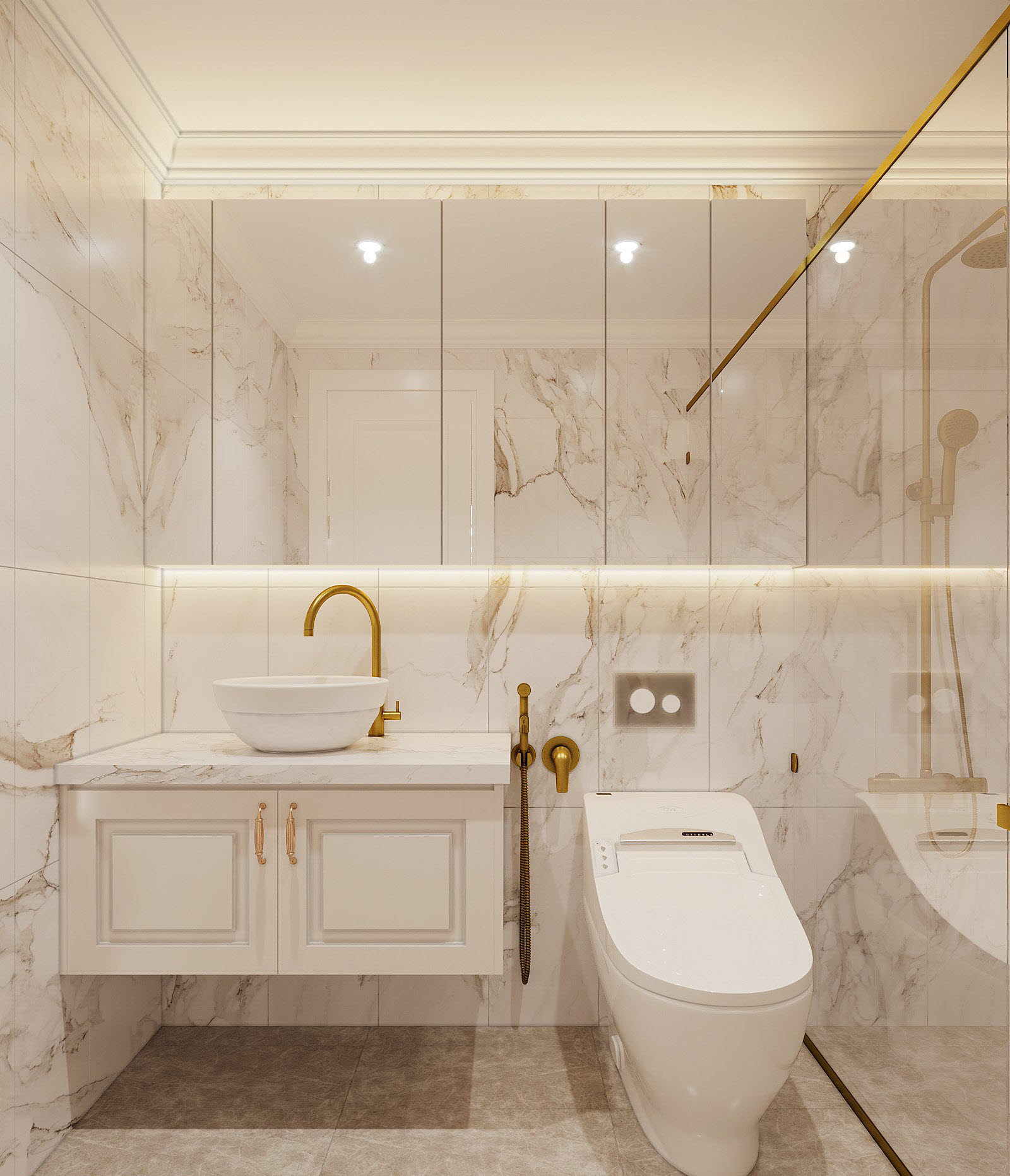 Ph&ograve;ng tắm trong căn hộ được ốp l&aacute;t đ&aacute; cẩm thạch sang trọng, sạch sẽ. Chất liệu gương k&iacute;nh tạo cảm gi&aacute;c rộng tho&aacute;ng hơn cho căn ph&ograve;ng.