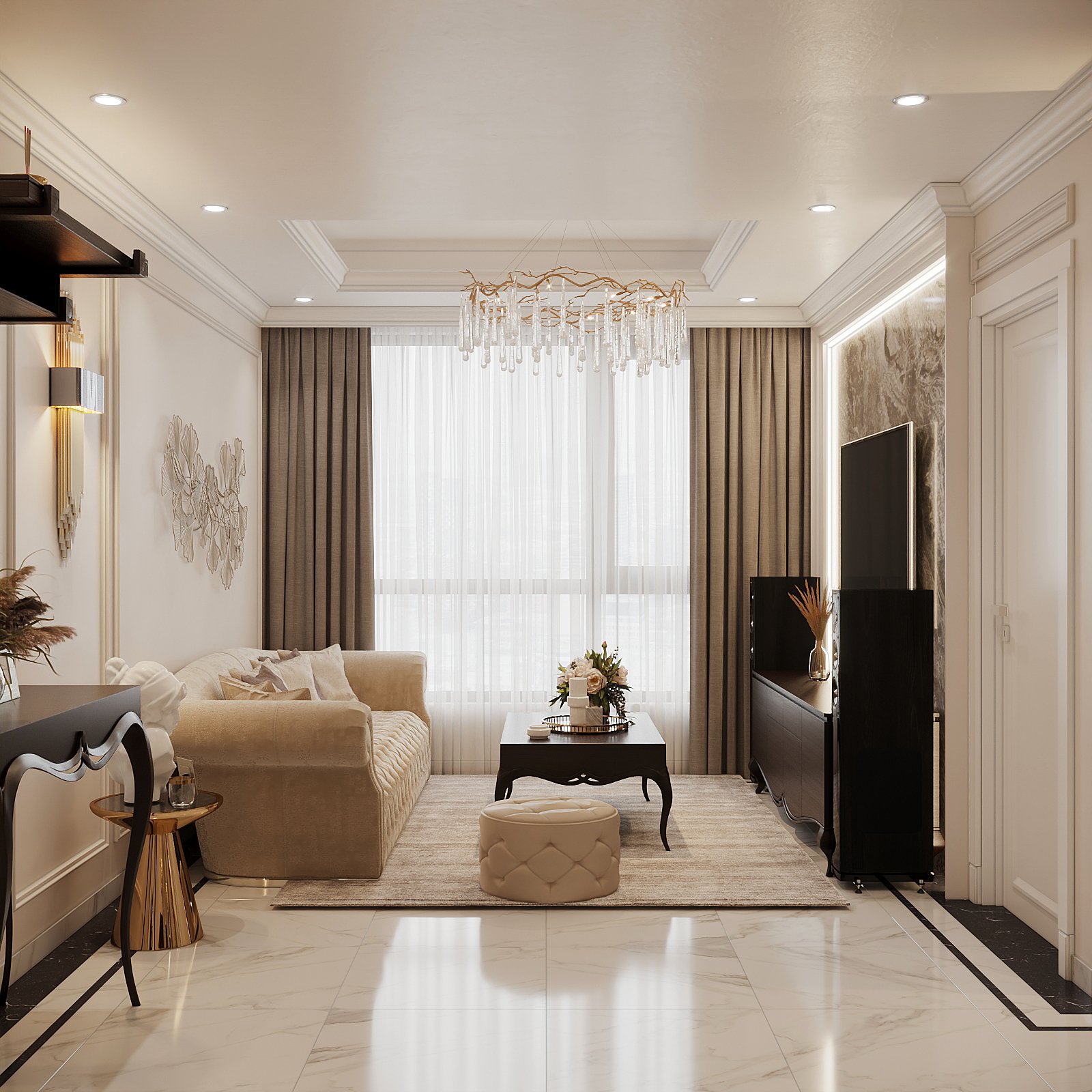 ph&ograve;ng kh&aacute;ch t&acirc;n cổ điển với sofa m&agrave;u be sữa, r&egrave;m cửa hai lớp, đ&egrave;n ch&ugrave;m sang trọng