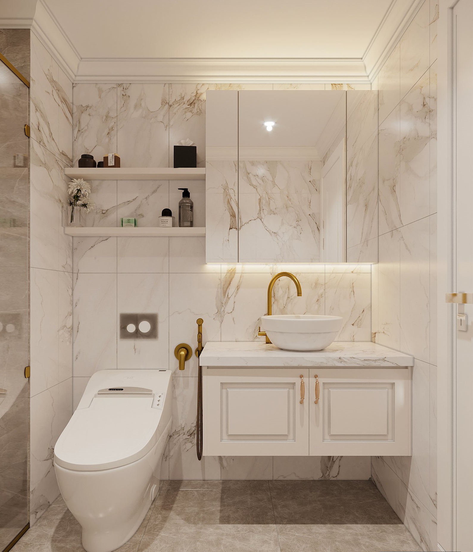 Tủ v&agrave; gi&aacute; kệ lưu trữ trong ph&ograve;ng tắm được thiết kế dạng nổi, gắn trực tiếp l&ecirc;n tường tạo độ tho&aacute;ng sạch cho kh&ocirc;ng gian.