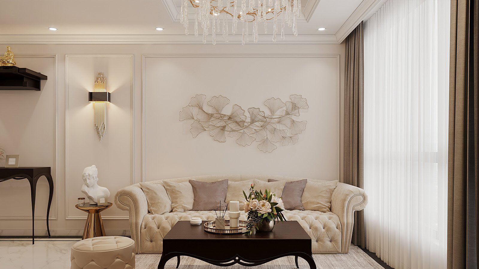 Bộ ghế sofa m&agrave;u be sang trọng, kiểu d&aacute;ng cổ điển nhẹ nh&agrave;ng, h&agrave;i h&ograve;a với tổng thể kh&ocirc;ng gian chung. Tường decor đơn giản m&agrave; ấn tượng.