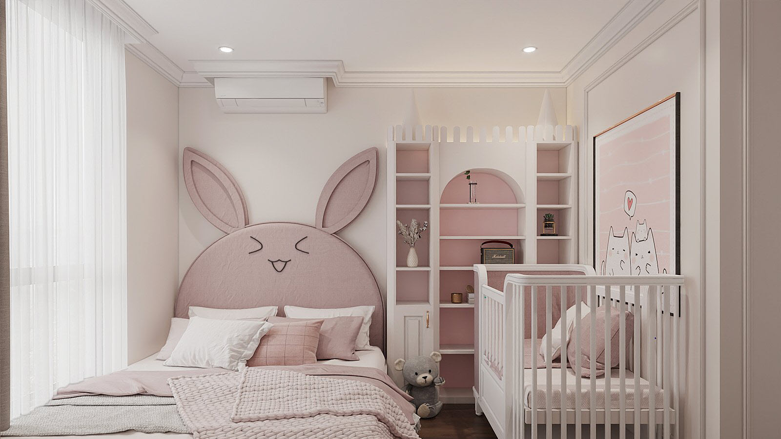 Thiết kế ph&ograve;ng ngủ trẻ em đẹp m&ecirc; với đầu giường h&igrave;nh thỏ dễ thương. 