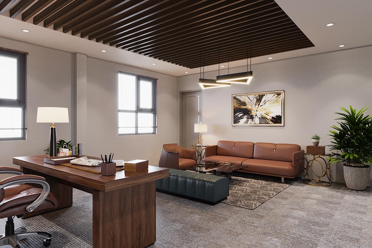 văn phòng làm việc với dầm gỗ màu gỗ óc, chó, bàn và ghế sofa màu nâu ấm áp